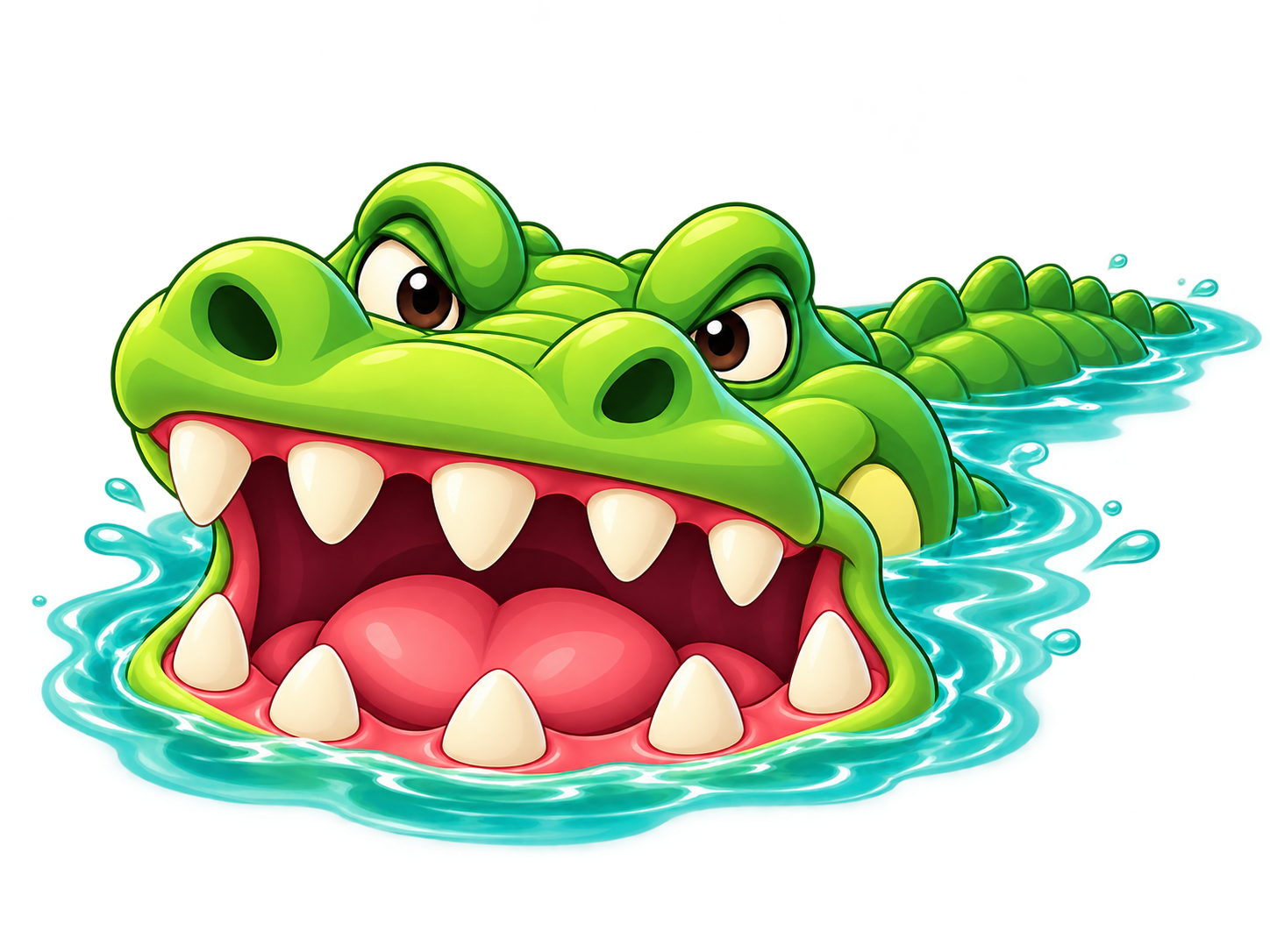 A swimming crocodile half submerged in turquoise water with its open mouth above the surface