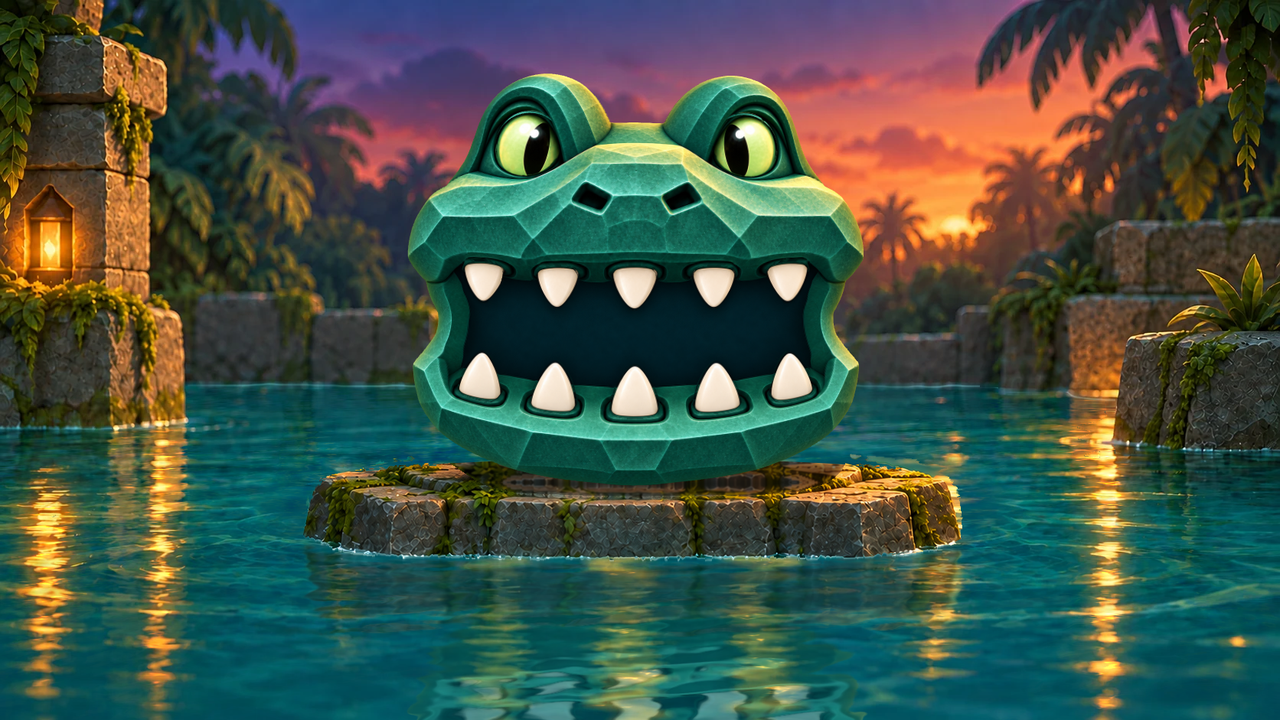 A cute jade crocodile head with its mouth open and ten ivory teeth, on a stone island in a flooded jungle temple at sunset