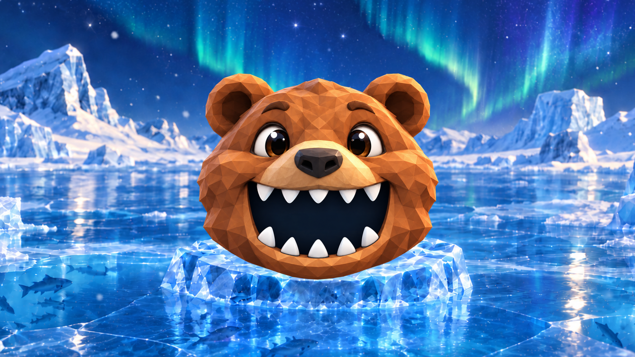 A friendly low-poly grizzly head with its mouth open and ten fangs, on an ice pedestal on a frozen lake under the northern lights