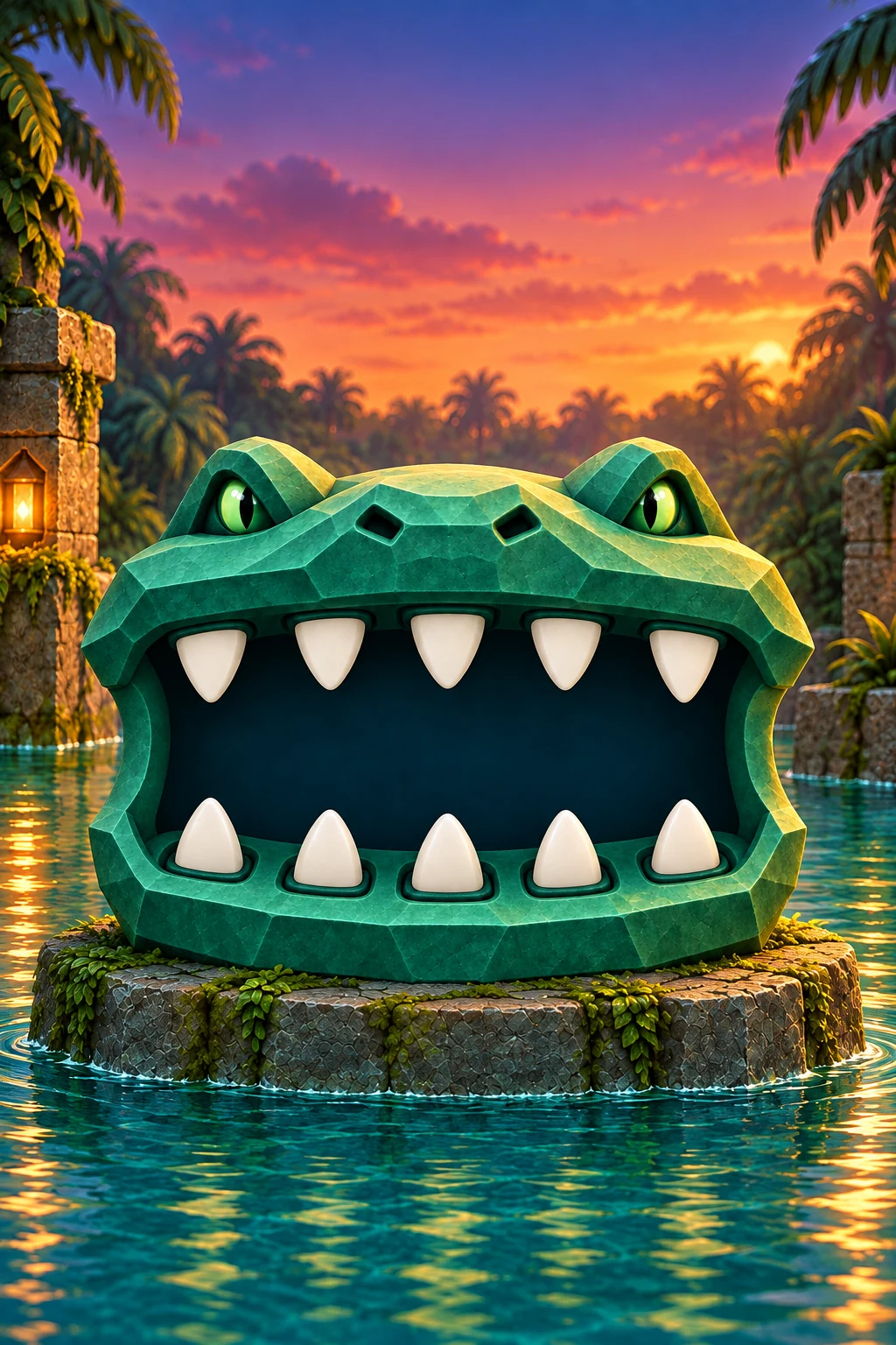 A carved stone crocodile head with ten ivory teeth, resting on a stone island in a flooded jungle temple at sunset